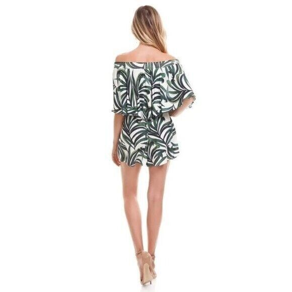 Show Me Your Mumu Rosarita Green Tropical Leaf Off Shoulder Romper S - Picture 2 of 6